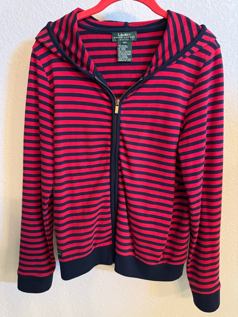 LAUREN RALPH LAUREN, Women’s Red & Dark Navy Blue Striped Zip-up Hoodie, Size PP